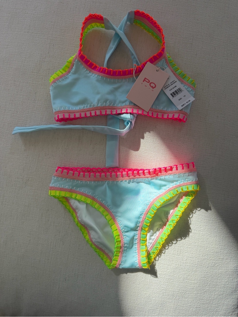 PQ Swim Ice Blue Bikini with Neon Pink and Neon Yellow Crochet Trim